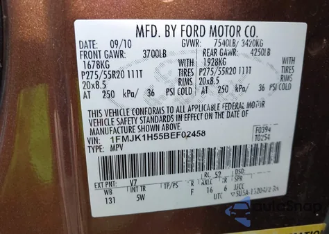 2011 Ford Expedition El King Ranch from USA, damaged, VIN 1FMJK1H55BEF02458